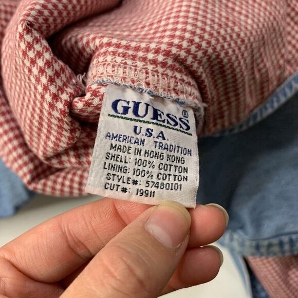 Vintage Guess Jean Shirt Mens M Medium Blue Denim Cotton Houndstooth Lined - Picture 12 of 14